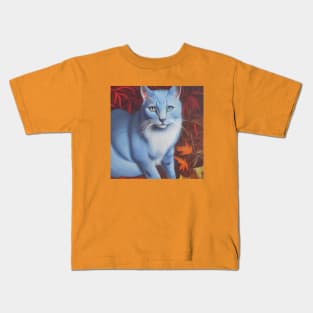 Striking Blue Cat in Autumn Leaves Kids T-Shirt